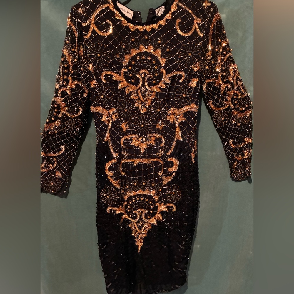 Vintage Black and Gold Embellished Dress Sz PP